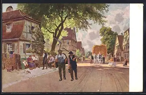 Künstler-AK Paul Hey: Ländliche Strasse mit Heuwagen, Bauern mit Sense u. Mistgabel