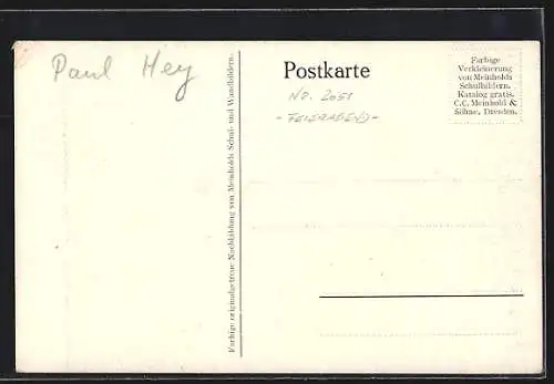 Künstler-AK Paul Hey: Ländliche Strasse mit Heuwagen, Bauern mit Sense u. Mistgabel