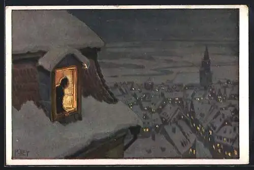 Künstler-AK Paul Hey: Weihnachtsabend, Blick über die eingeschneite Stadt