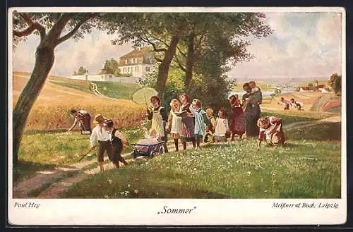 Künstler-AK P. Hey: Sommer, Kinder wandern singen durch die Felder, pflücken Blumen, fangen Schmetterlinge