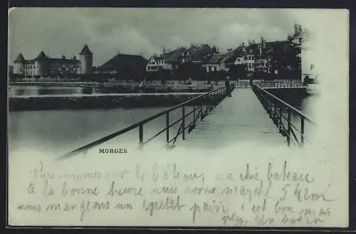 Mondschein-AK Morges, Ortsansicht vom Steg aus