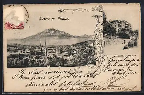 AK Luzern, Pension Belvedère, Ortsansicht mit Pilatus