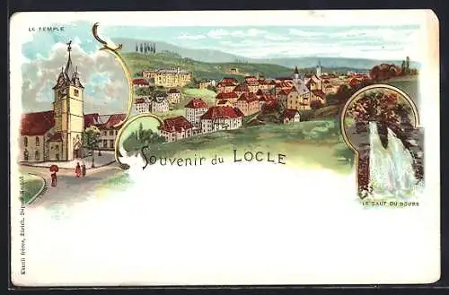 Lithographie Locle, Le Temple, Le Saut du Doubs, Ortsansicht