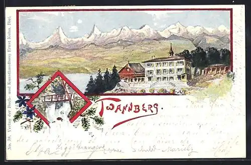 Lithographie Twann, Hotel Twannberg mit Gebirgspanorama
