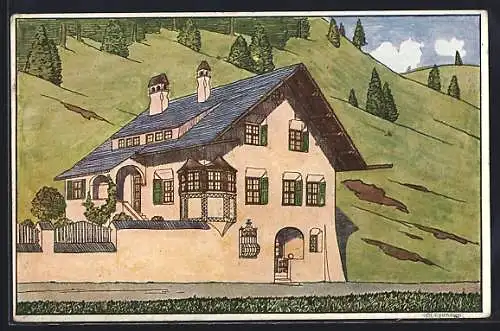 Künstler-AK St. Moritz, Partie an einer Villa