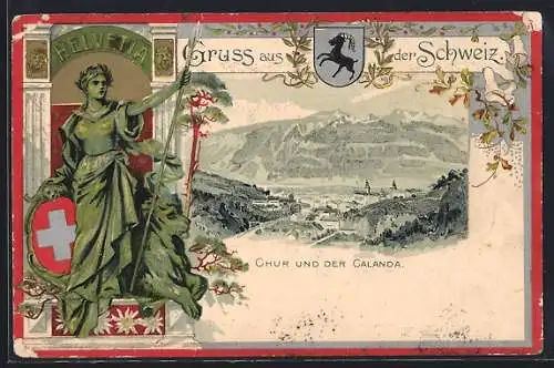 Passepartout-Lithographie Chur, Blick auf Stadt und Calanda, Helvetia mit Wappenschild