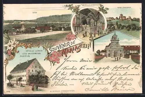 Lithographie Mariastein, Hotel de la Croix v. Louis Bauer-Reyer, Inneres der Felsenkapelle, Ruine Landskron