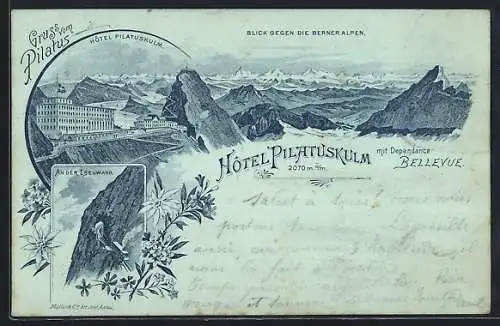 Vorläufer-Lithographie Pilatuskulm, 1895, Hotel mit Dependance Bellevue, Bergbahn an der Eselwand, Berner Alpen