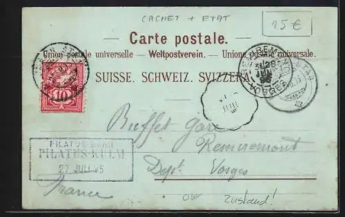 Vorläufer-Lithographie Pilatuskulm, 1895, Hotel mit Dependance Bellevue, Bergbahn an der Eselwand, Berner Alpen
