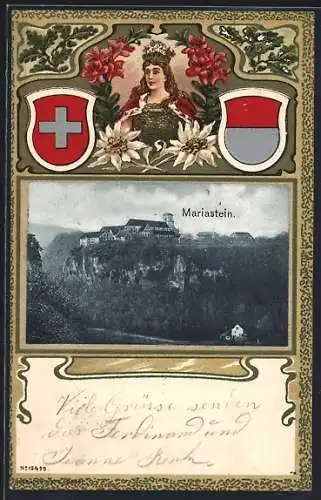 AK Mariastein, Blick zum Kloster, Passepartout mit Wappen und Helvetia