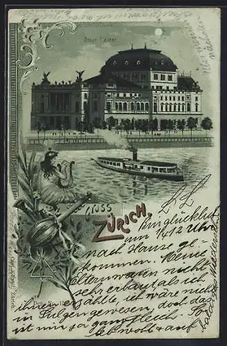 Mondschein-Lithographie Zürich, Salondampfer vor dem Stadttheater