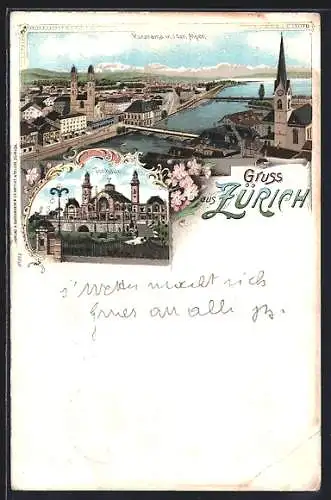 Lithographie Zürich, Die Tonhalle, Panorama mit den Alpen