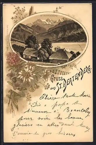 Lithographie St. Beatenberg, Teilansicht mit See und Gebirge