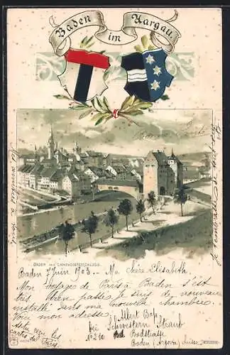 AK Baden, Teilansicht mit Flussbrücke und Landvoigteischloss