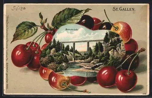 Passepartout-Lithographie St. Gallen, Sitterbrücke mit Kirschenmotiv