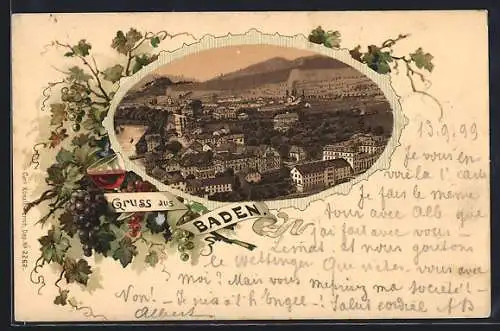 Lithographie Baden, Stadtpanorama im Wein-Passepartout