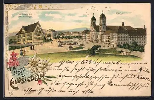 Lithographie Einsiedeln, Gasthaus z. d. Drei Königen, Kloster