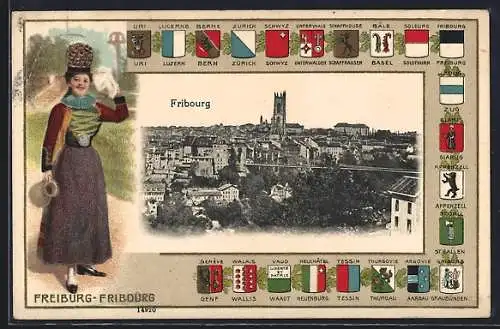 AK Fribourg, Stadtansicht im Wappen-Passepartout, Dame in Tracht