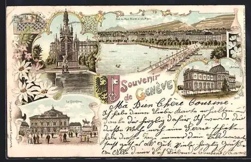 Lithographie Geneve, Le Theatre, Monument Brunswick, Ariana, Pont du Mont