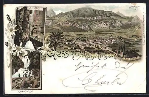 Lithographie Meyringen, Panorama mit Aareschlucht und Reichenbachfall