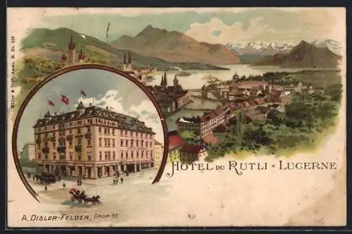 Lithographie Lucerne, Hotel Du Rutli, Ortsansicht