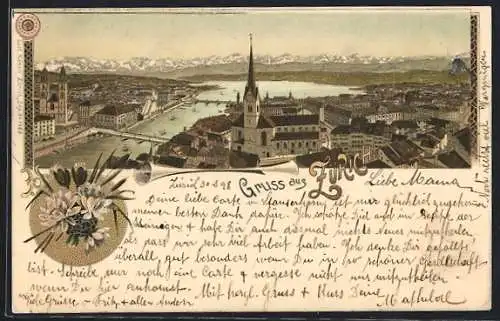 Lithographie Zürich, Gesamtansicht mit Quai, Brücken und Züricher See
