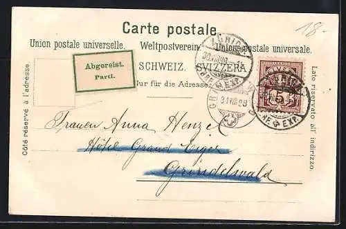 Lithographie Zürich, Gesamtansicht mit Quai, Brücken und Züricher See