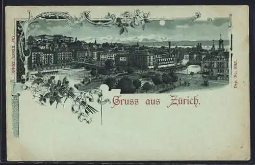 Mondschein-Lithographie Zürich, Teilansicht mit Flusspartie