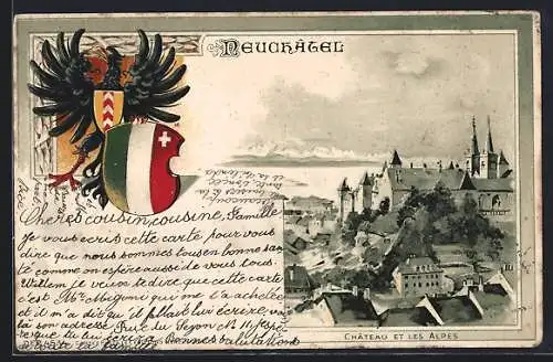 Lithographie Neuchatel, Chateau et les Alpes, Stadtwappen um 1900