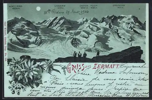Mondschein-Lithographie Zermatt, Monte Rosa, Lyskamm, Castor, Pollux & Breithorn