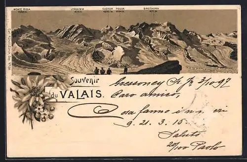 Lithographie Valais, Monte Rosa, Lyskamm, Castor, Pollux & Breithorn