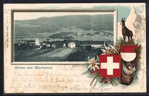 Passepartout-Lithographie Mariastein, Totalansicht, Bergziege, Wappen