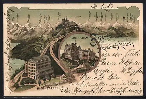 Lithographie Rigi-Kulm, Schreibers Hotel und Alpenpanorama
