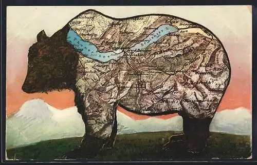 AK Interlaken, Karte der Umgebung im Bären-Passepartout