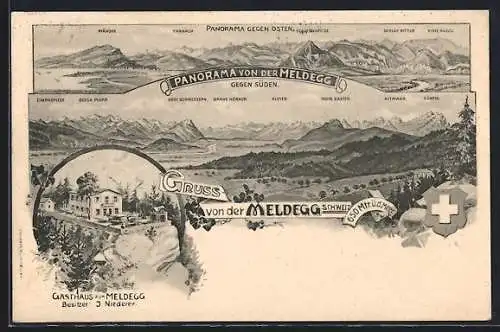 AK Meldegg, Panorama gegen Süden u. Osten, Gasthaus zur Meldegg Bes.J.Niederer, Wappen
