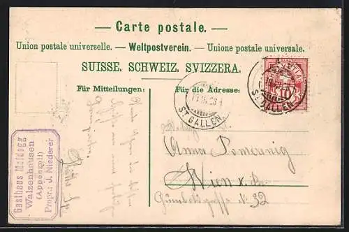 AK Meldegg, Panorama gegen Süden u. Osten, Gasthaus zur Meldegg Bes.J.Niederer, Wappen