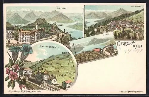 Lithographie Rigi-Kulm, Ortsansicht, Rigi-Kaltbad, Rigi-Klösterli