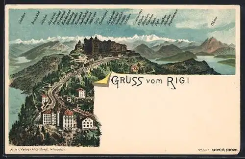 Lithographie Rigi, Rigi-Staffel mit Bergbahn und Hotel