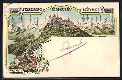 Lithographie Rigi-Kulm, Hotel & Pension Rigi-Staffel mit Schreiber`s Hotel`s