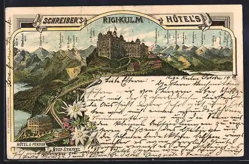 Lithographie Rigi-Kulm, Hotel & Pension Rigi-Staffel, Schreiber`s Hotel