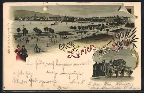 Lithographie Zürich, Theater und Flusspartie im Mondschein