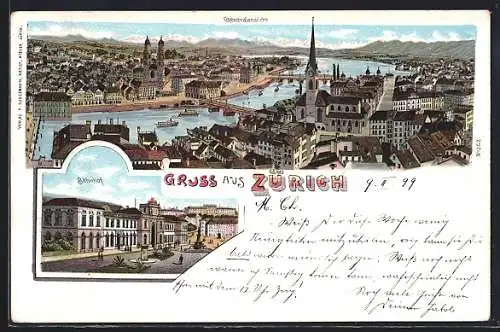 Lithographie Zürich, Bahnhof, Generalansicht des Ortes