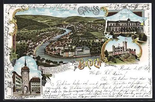 Lithographie Baden, Totalansicht, Stadtturm, Kurhaus, Schartenfels