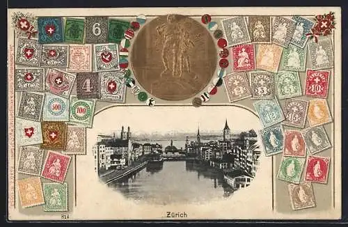 AK Zürich, Teilansicht im Briefmarken-Passepartout
