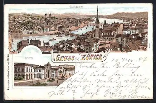 Lithographie Zürich, Bahnhof, Generalansicht des Ortes
