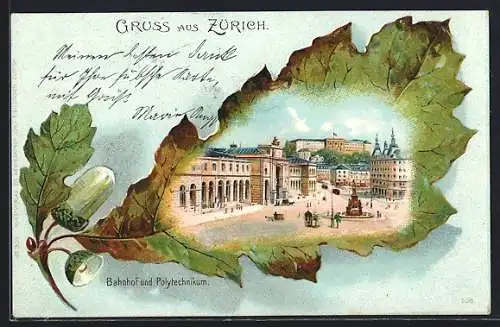 Passepartout-Lithographie Zürich, Bahnhof und Polytechnikum auf Eichenblatt