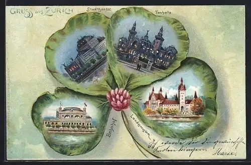 Lithographie Zürich, Bahnhof, Stadttheater, Tonhalle und Landesmuseum im Kleeblatt