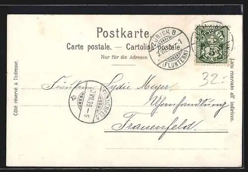 Lithographie Zürich, Bahnhof, Stadttheater, Tonhalle und Landesmuseum im Kleeblatt