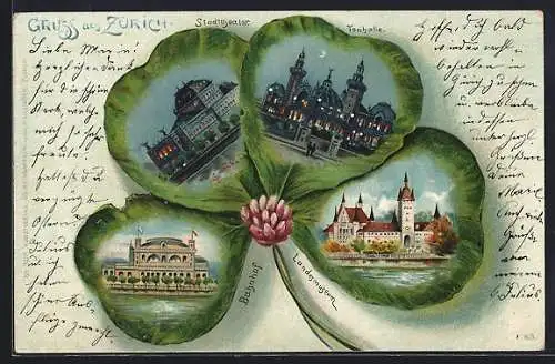 Lithographie Zürich, Bahnhof, Stadttheater, Tonhalle und Landesmuseum im Kleeblatt
