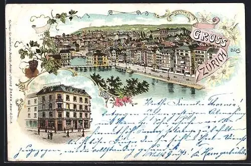 Lithographie Zürich, Julius Brann Engros-Lager, Panorama m. Zürichsee